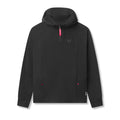 flatlay of black training hoodie with hood and front pockets, front view
