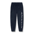 Flatlay of Sherpa Recovery Sweats joggers in navy with white text on leg, front view