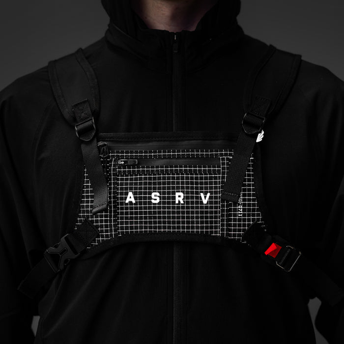 0711 Cordura Lightweight Chest Pack in Black Grid, worn on model, front view