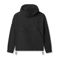 Flatlay of black Weather-Ready Anorak Jacket with red drawstring accents, front view