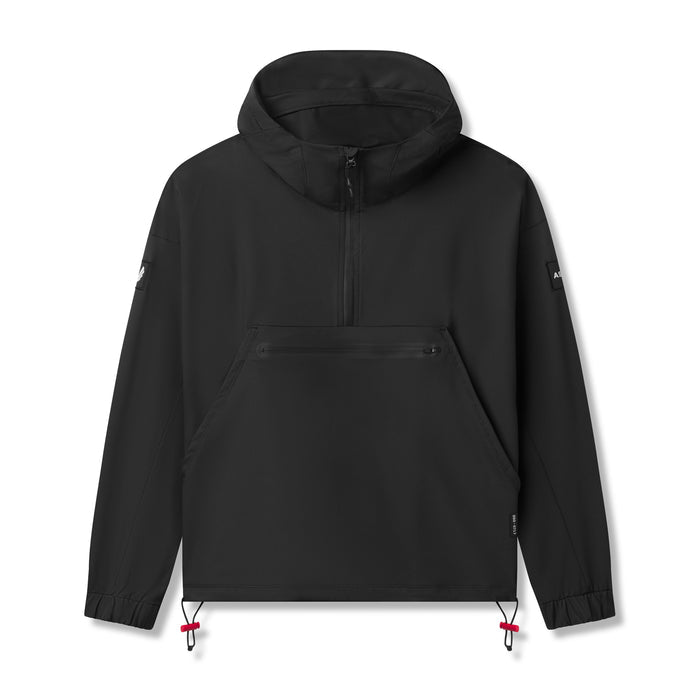 Flatlay of black Weather-Ready Anorak Jacket with red drawstring accents, front view