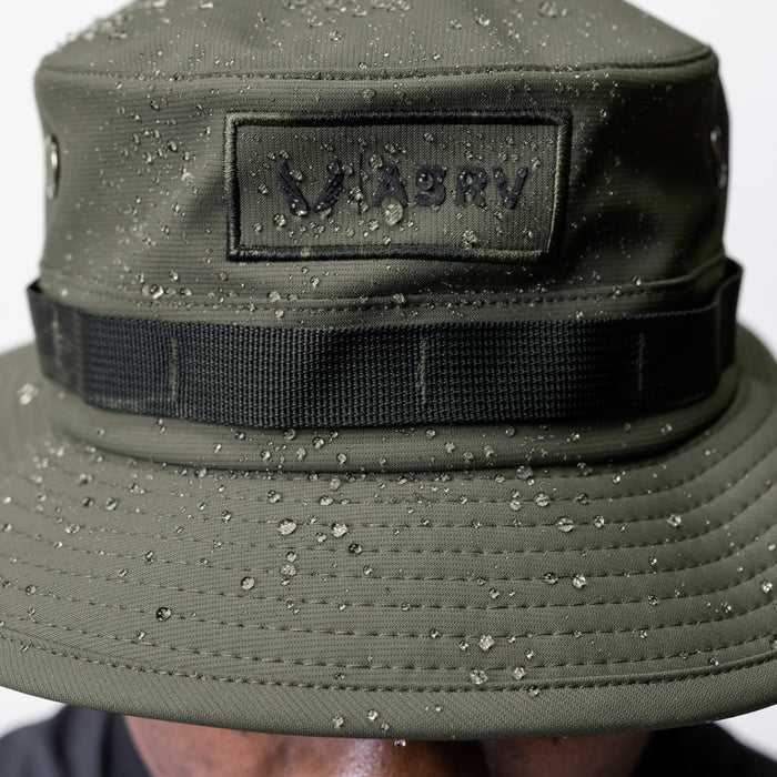 Waterproof Vented Boonie Hat in Dark Olive, worn view