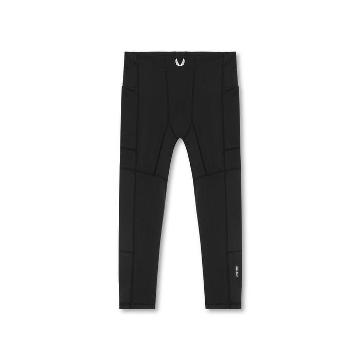 flatlay WarpFlexx® Side Pocket 3/4-Length Legging in black, front view