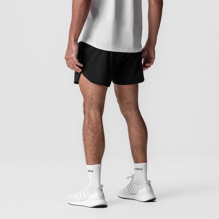 Tetra-Lite 5" Linerless Short in black, worn with white socks and sneakers, back view