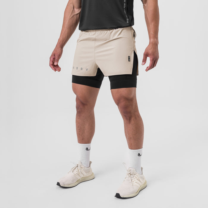 Ripstop 3" High Split Liner Short in Chai and Black, worn by model, front view