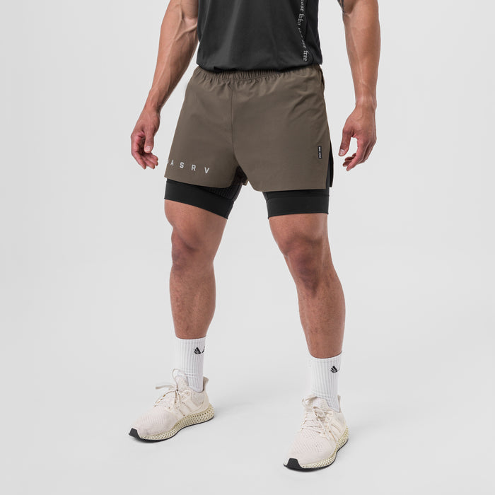 Ripstop 3" High Split Liner Short in deep taupe and black worn by model, front view