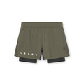 flatlay Ripstop 3" High Split Liner Short in olive and black, front view