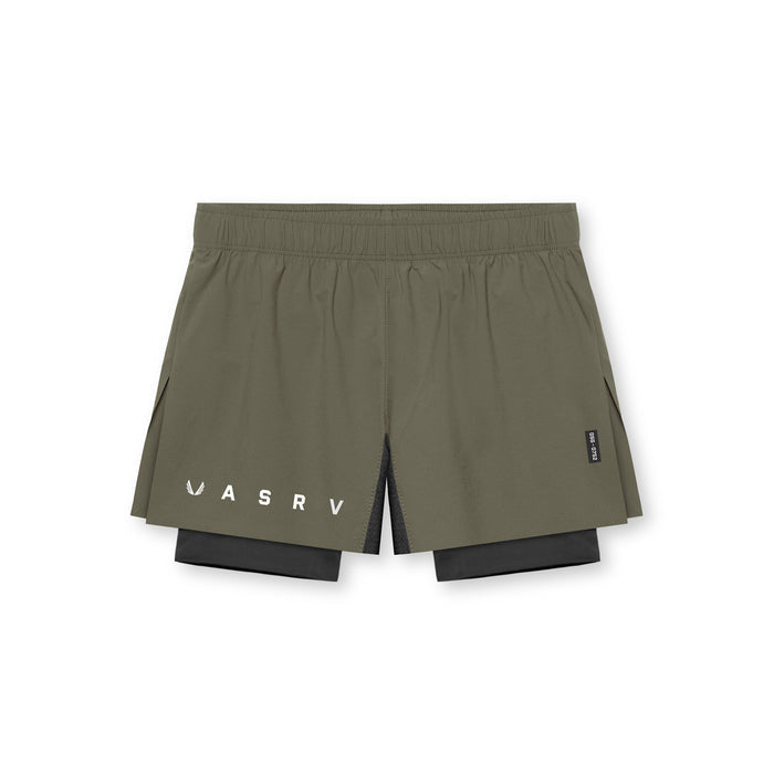 flatlay Ripstop 3" High Split Liner Short in olive and black, front view