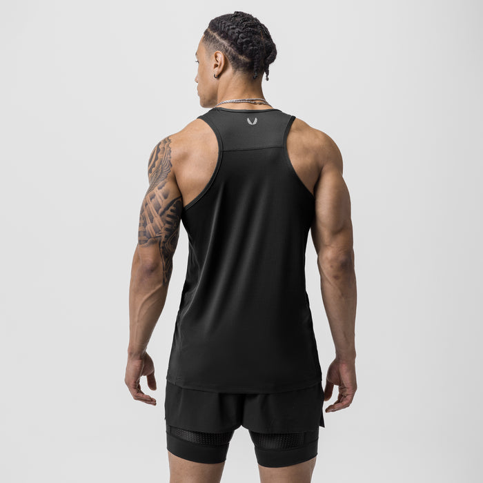 Black AeroSilver Training Singlet worn by model, back view showing sleeveless design and mesh shorts