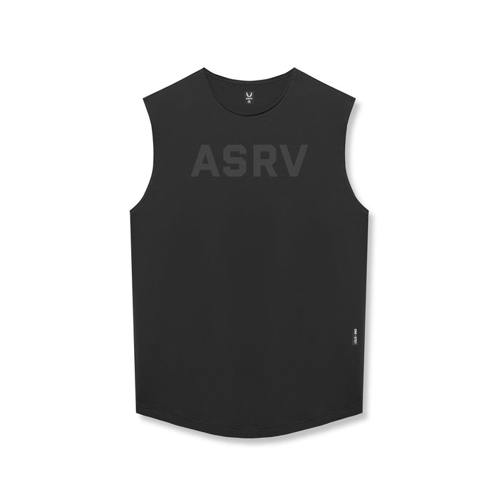 Flatlay of ASRV AeroSilver Cutoff Tank in black with tonal logo, front view