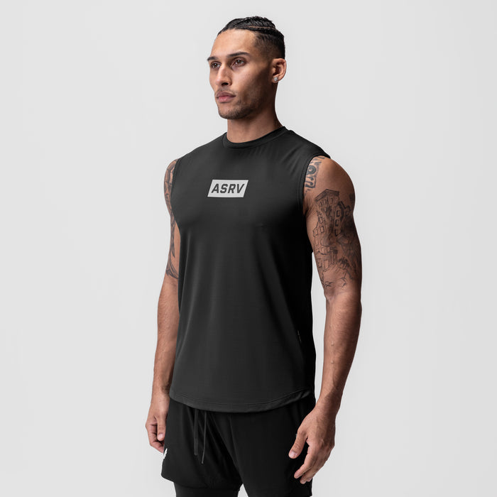 AeroSilver Cutoff Tank in black with box logo, worn by model, front view