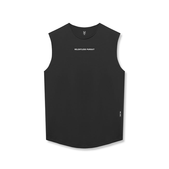 flatlay AeroSilver Cutoff Tank in black with 'Relentless Pursuit' text, front view