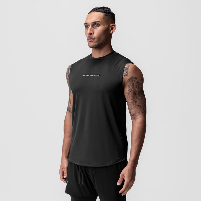 Black AeroSilver Cutoff Tank with 'Relentless Pursuit' text, worn by model, front view