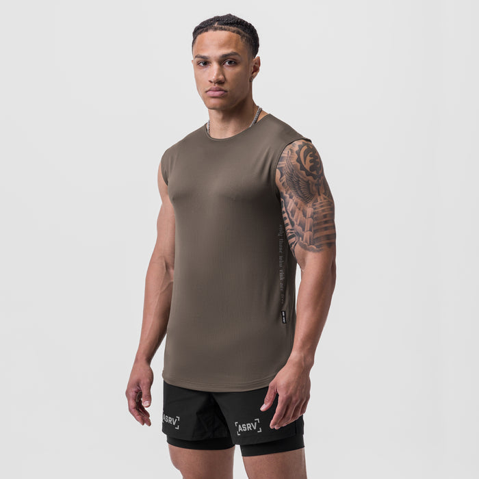 AeroSilver Cutoff Tank in deep taupe, worn by model, front view