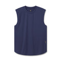Flatlay of an athletic tank top in navy blue, shown flat against a white background.