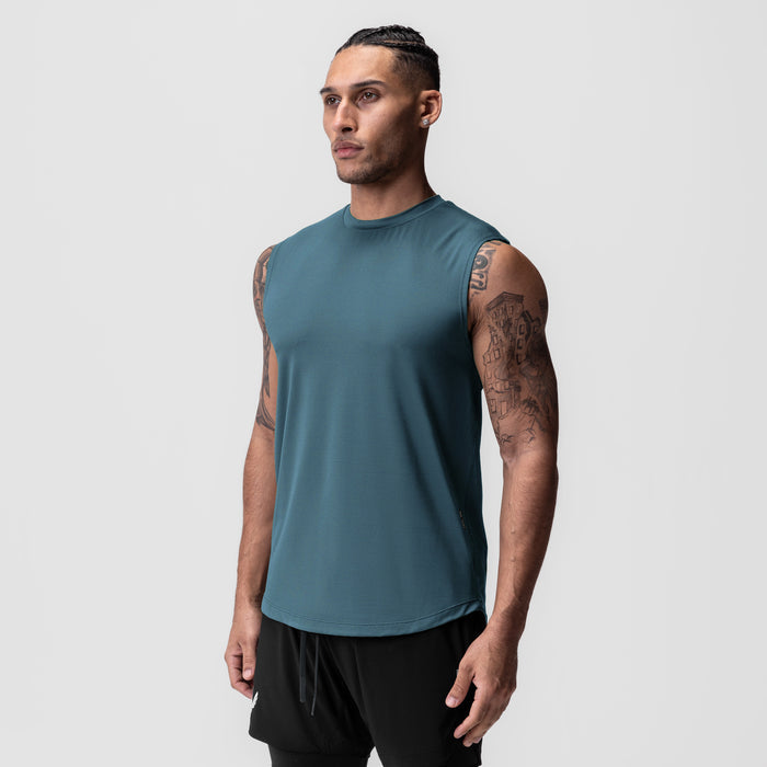 AeroSilver Cutoff Tank in storm blue, worn by male model, front view
