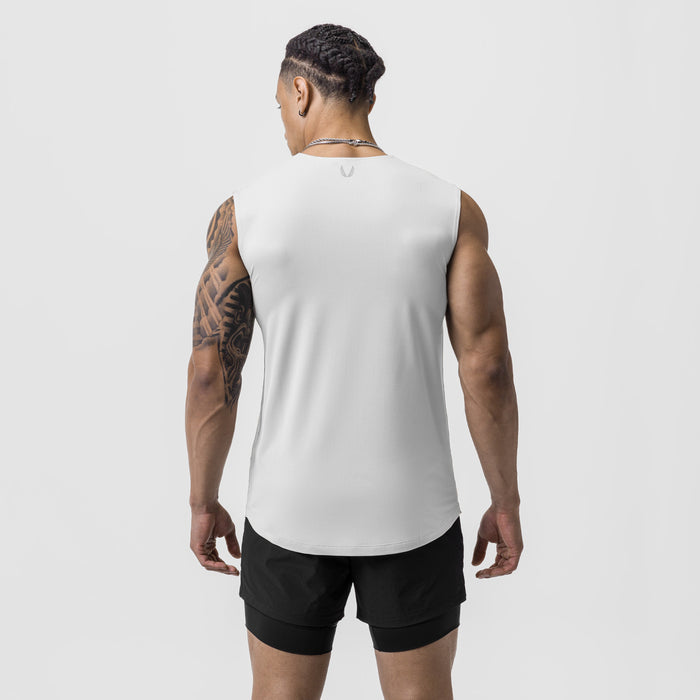 White AeroSilver Cutoff Tank worn by model, back view