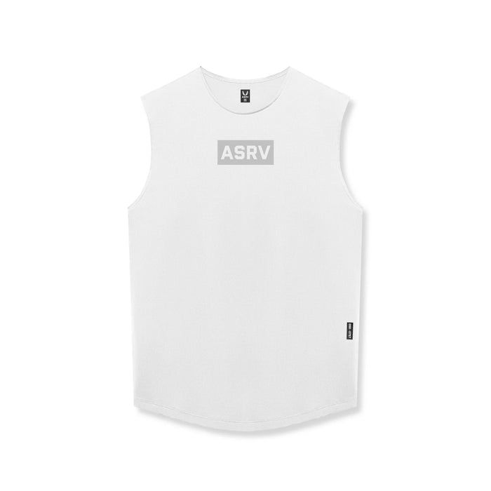 flatlay AeroSilver Cutoff Tank in white with ASRV box logo, front view