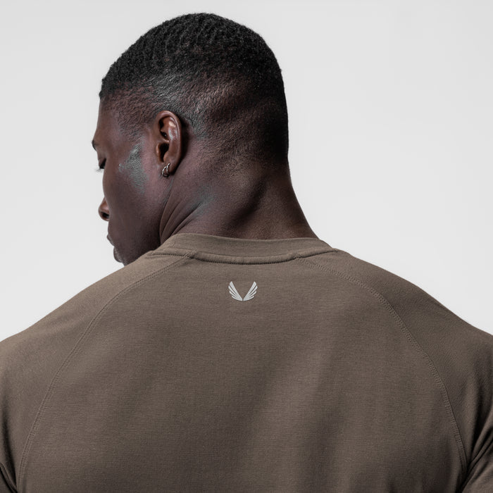 Supima® Established Tee in deep taupe, back view on model