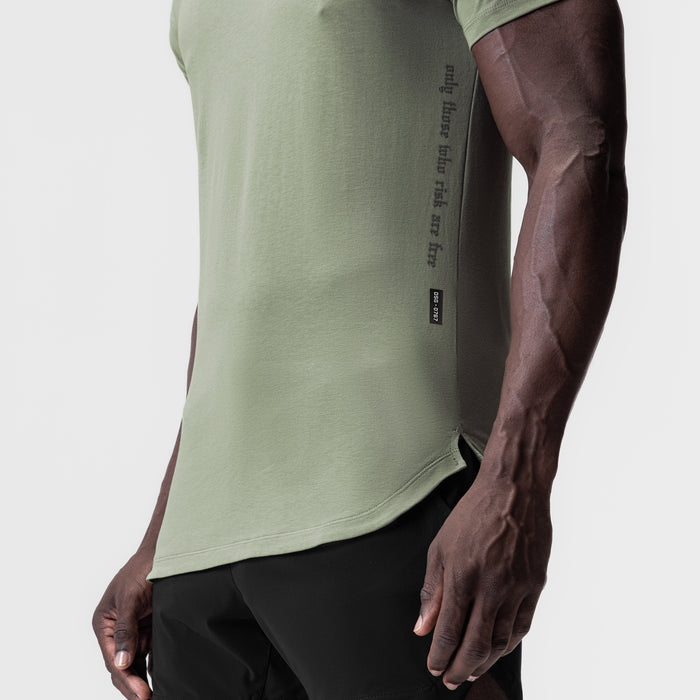 Supima Established Tee in sage, worn by model showing side view and fit