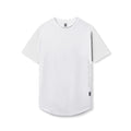flatlay white Supima Established Tee with side text detail, front view