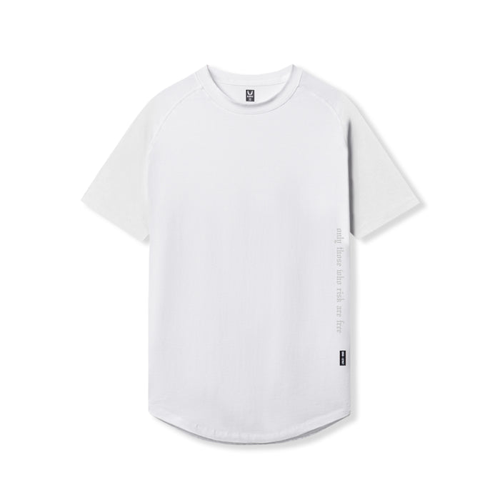 flatlay white Supima Established Tee with side text detail, front view