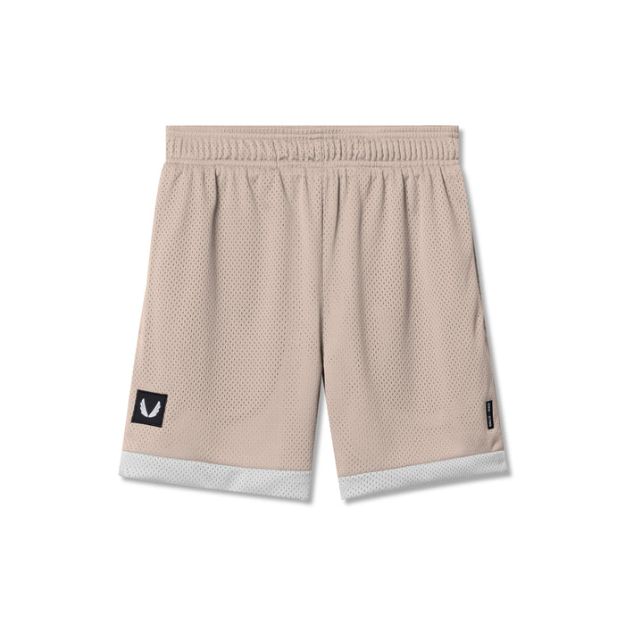 flatlay SilverPlus Mesh Reversible Shorts in beige and white, front view
