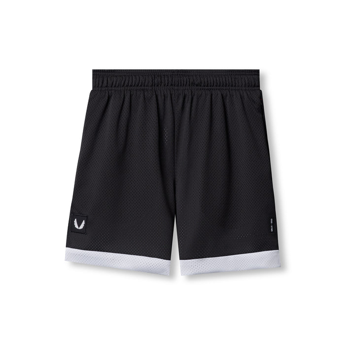 flatlay SilverPlus Mesh Reversible Shorts in black and white, front view