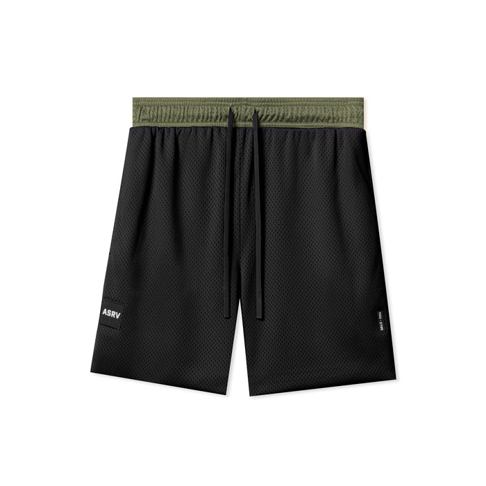 Flatlay of SilverPlus™ Mesh Reversible Shorts in black with olive waistband, laid flat from above