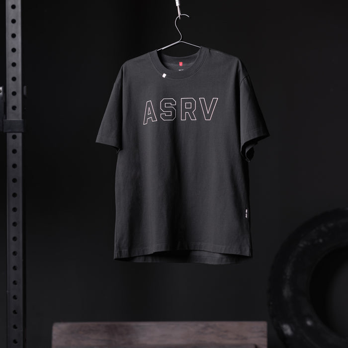 ASRV Tech Essential Relaxed Tee in black with outline logo, displayed on hanger