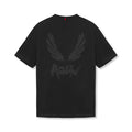 flatlay Tech Essential Relaxed Tee in black with brush wings graphic design, back view