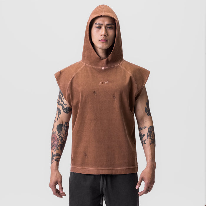 Tech Essential™ Cutoff Hoodie in faded rust, worn by model facing camera with hood up