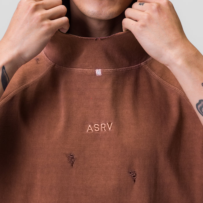 ASRV Tech Essential Cutoff Hoodie in faded rust, worn by model pulling at neckline