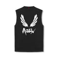 flatlay Tech Essential Relaxed Cutoff sleeveless shirt in black with white winged graphic, back view