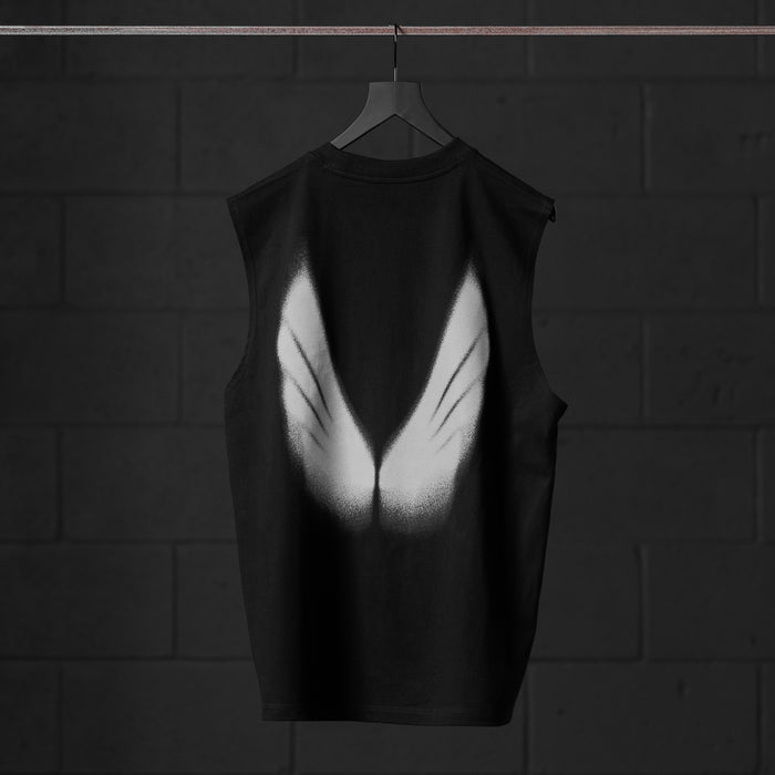 Tech Essential Relaxed Cutoff tank top in black with white graphic print, back view on hanger