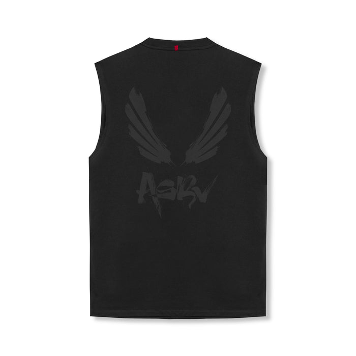 flatlay ASRV Tech Essential Relaxed Cutoff sleeveless tank in black with brush wings graphic, back view