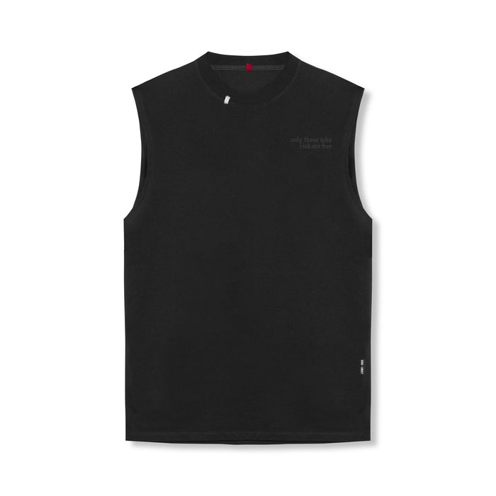 flatlay Tech Essential Relaxed Cutoff sleeveless tank in black, front view