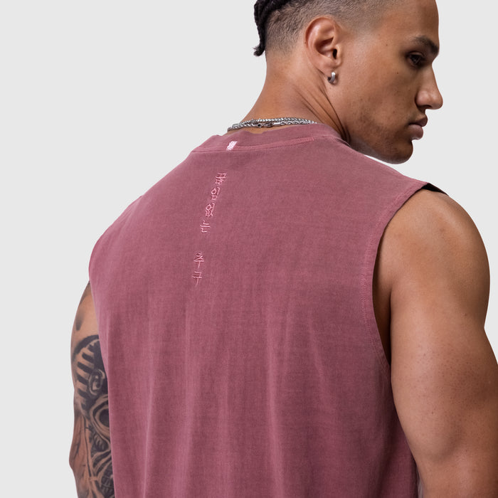 Tech Essential Relaxed Cutoff sleeveless tank in faded crimson, worn by model showing back view