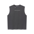 Flatlay of a dark gray sleeveless tank top with a crew neck, featuring "all growth starts with resistance" text on the center chest and a small black tag on the lower right hem, displayed on a clean white background.