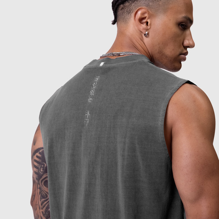 Tech Essential Relaxed Cutoff sleeveless tank in faded grey, back view on model