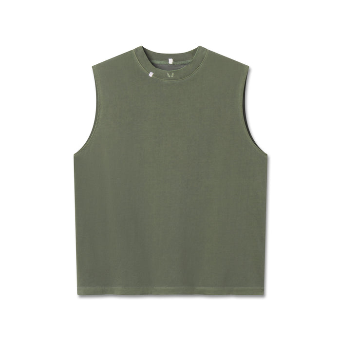 flatlay Tech Essential Relaxed Cutoff sleeveless tank in faded olive, front view