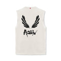 flatlay Tech Essential Relaxed Cutoff sleeveless tank in stone with black brush wings graphic, back view