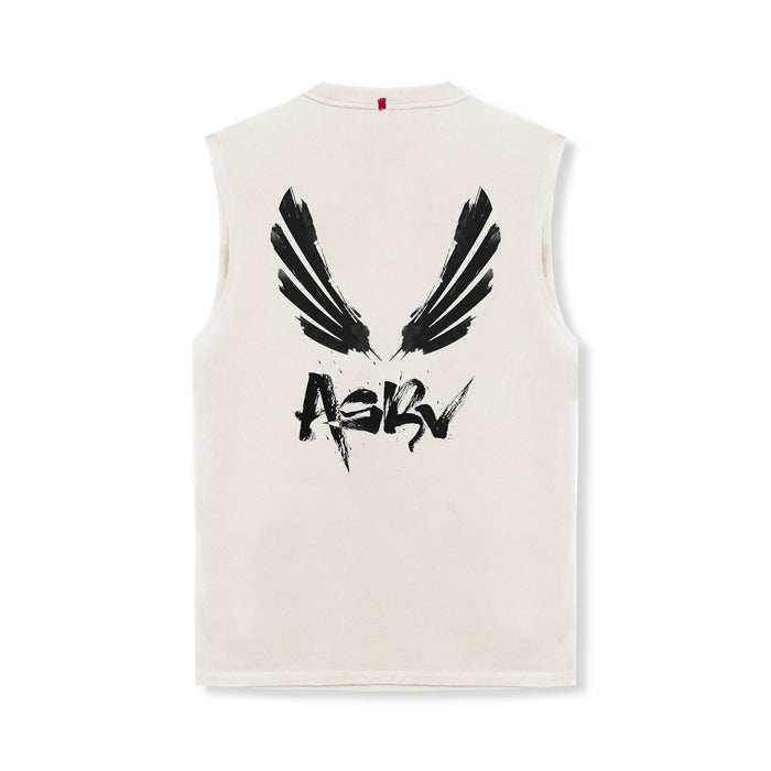 flatlay Tech Essential Relaxed Cutoff sleeveless tank in stone with black brush wings graphic, back view
