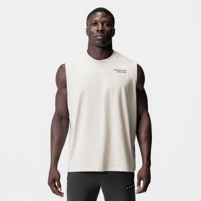 Tech Essential Relaxed Cutoff sleeveless tank in stone, worn by model, front view