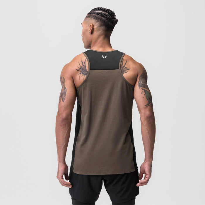 Supima® Mesh Panel Training Singlet in deep taupe with black panels, rear view on model