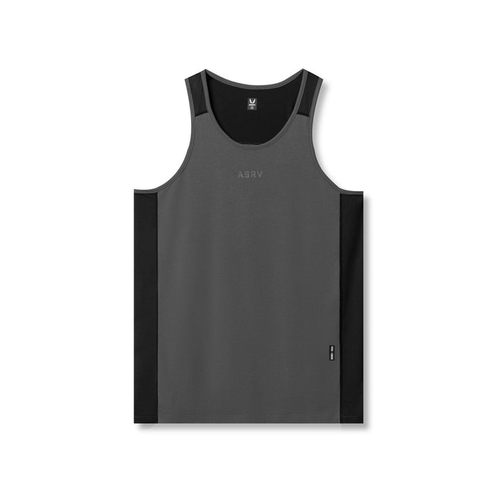 flatlay Supima® Mesh Panel Training Singlet in space grey with black side panels, front view