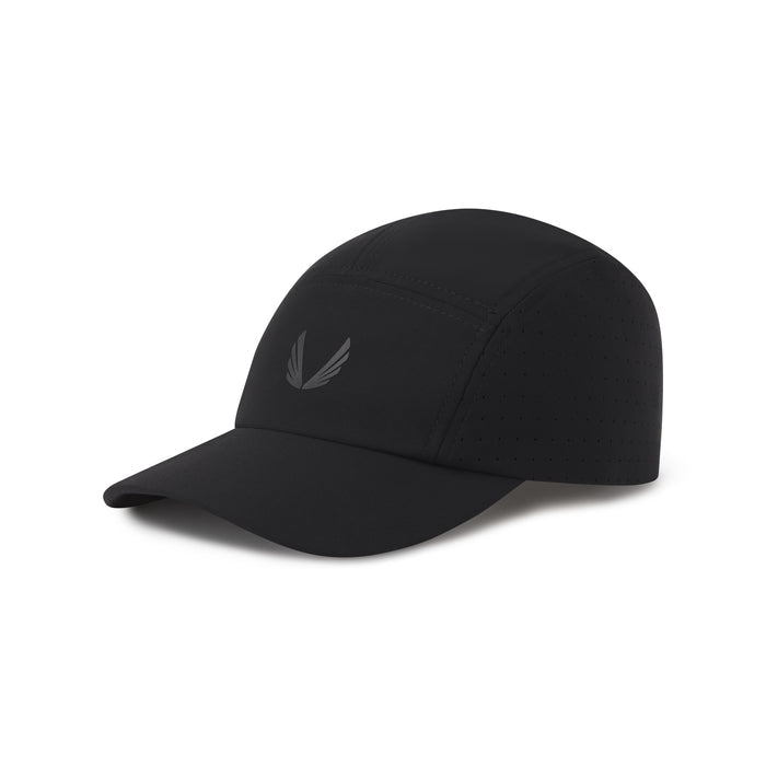Flatlay of Tetra-Lite Vented Hat in black with winged logo emblem, angled view