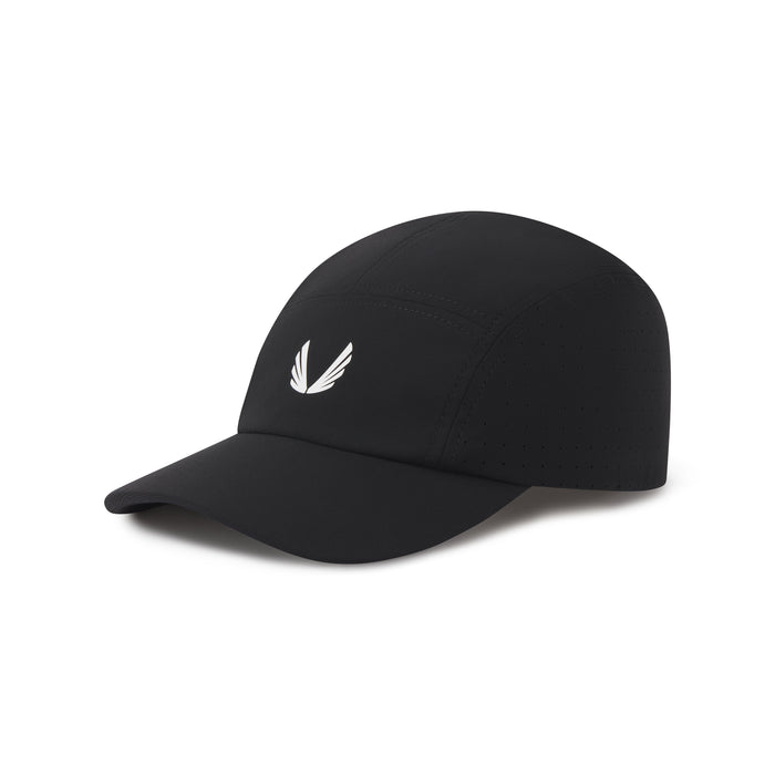 Flatlay of black Tetra-Lite Vented Hat with white wings logo, angled view