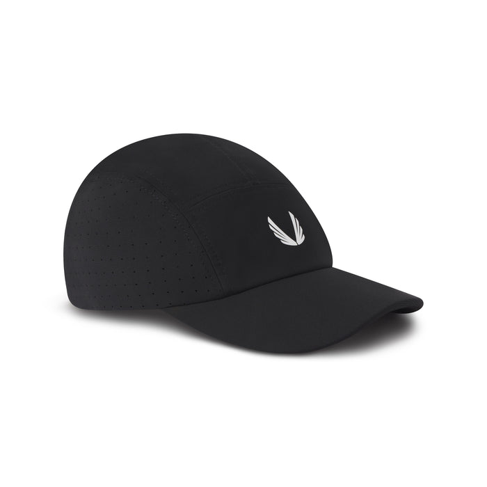 flatlay Tetra-Lite Vented Hat in black with white wings logo, side view