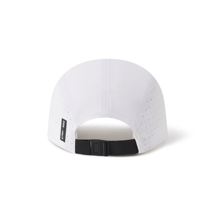 flatlay Tetra-Lite Vented Hat in white with black strap, back view